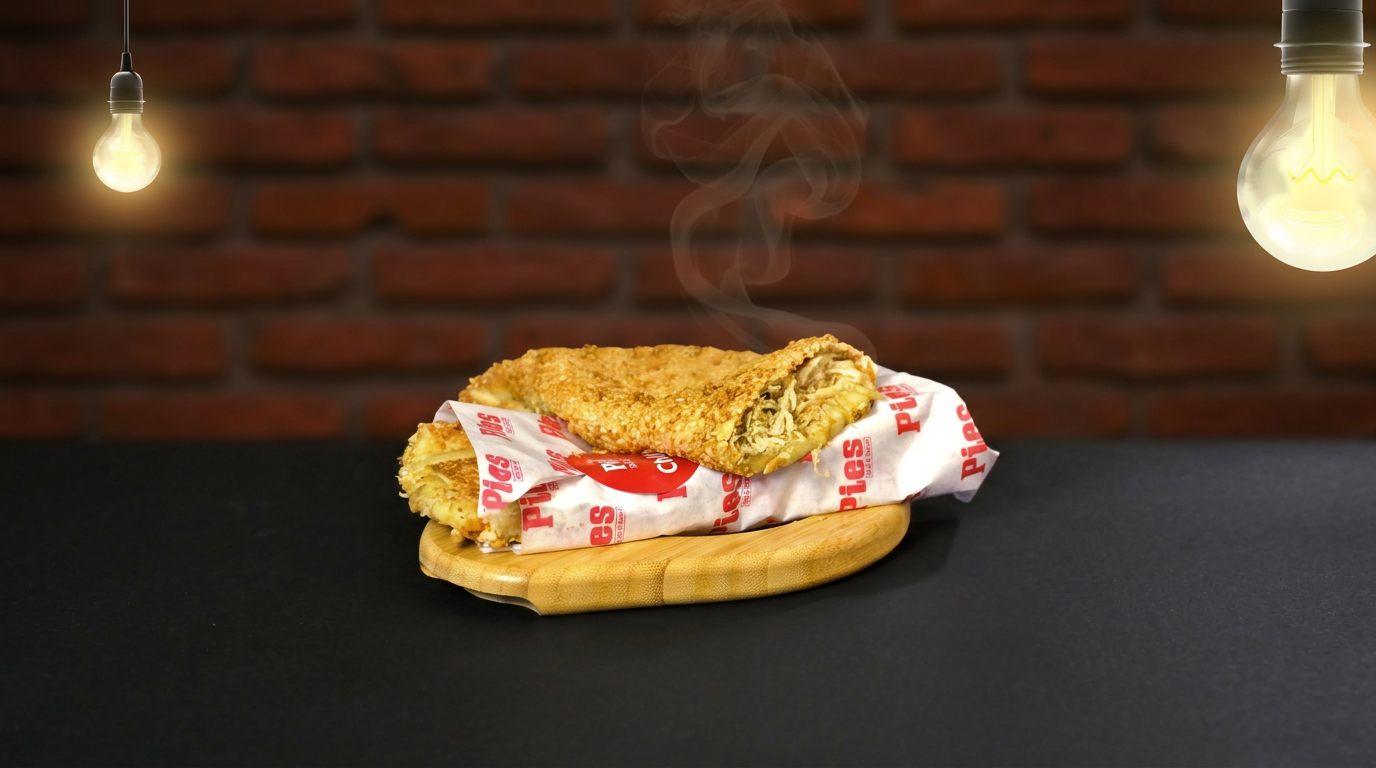 Golden sesame-crusted pie steaming on a wooden board